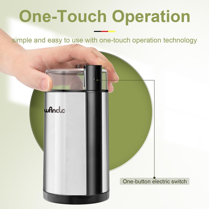 wancle Coffee Grinder, Electric Coffee Grinder, Quiet Spice Grinder, One Touch Coffee Mill for Beans, Spices and More, with Clean Brush, Stainless Steel - Image 4